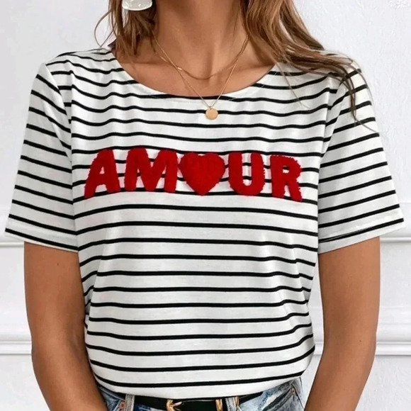 Striped & Letter Graphic Tee, Casual Style, Effortless Chic - Picture 3 of 5